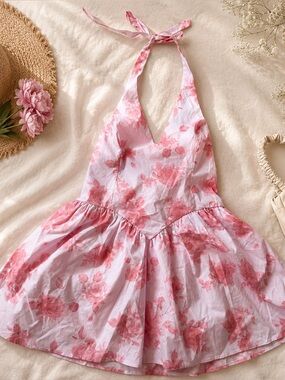 NWT Wild Fable Size M Pink Floral Halter Mini Dress Fit & Flare Cottagecore